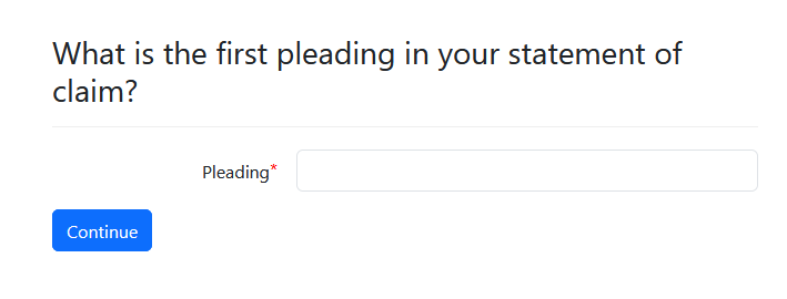 A screenshot of the question screen which asks for the user to enter in the first pleading.