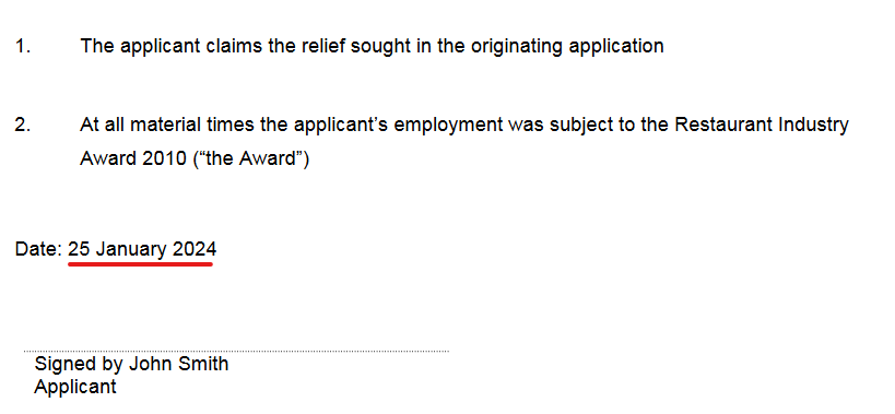 The output from our template using the pleadings we previously entered, with the date highlighted in an AGLC compliant format.