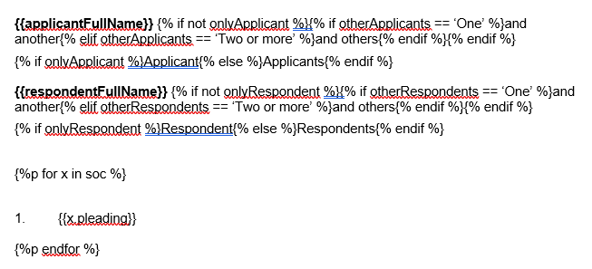 A screenshot of our template with the for loop which will be used to generate a list of pleadings.