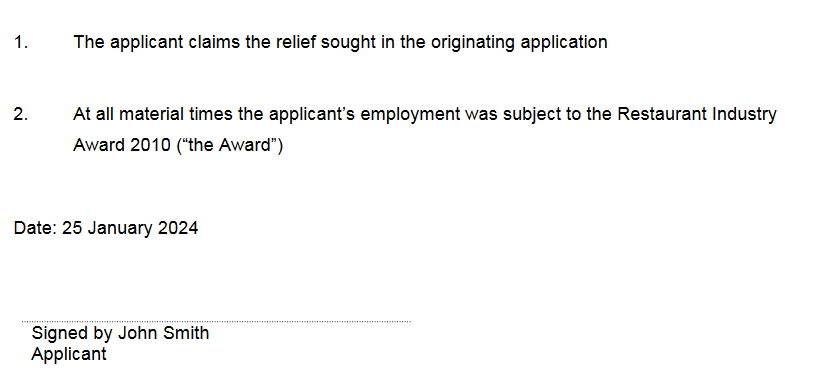 The output from our template using the pleadings we previously entered. Note that the paragraph where our if statement would be has been removed.