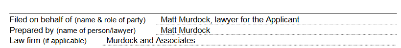 A screenshot of a completed version of our template where the user has indicated that the matter is being filed by a law firm.